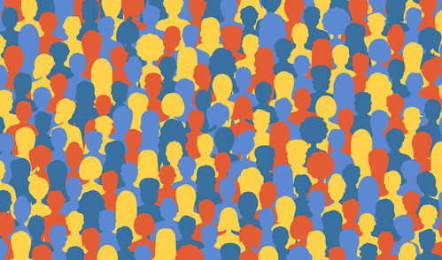 cartoon crowd of people red yellow blue