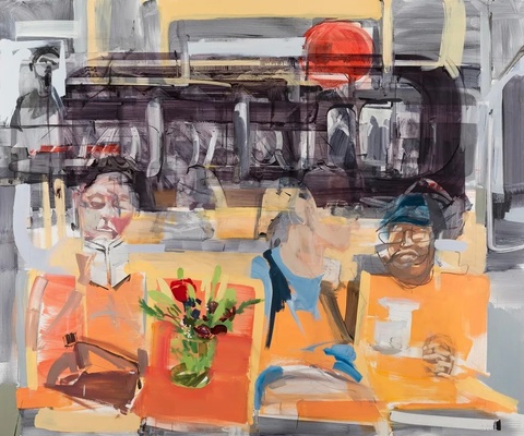 Sean Flood's The One, 2019 depicts three people on the subway, with a vase of flowers sitting on the seat between them.
