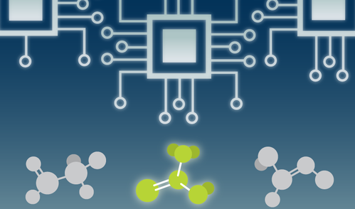 An illustration depicting microchips and circuits displayed over promising drug molecules