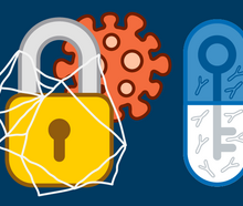 A graphic showing a virus trapped behind a lock wrapped in spider webs, beside a pill with a key inside